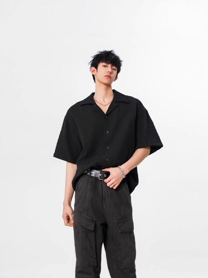 Cuban Collar Textured Short Sleeve Shirt
