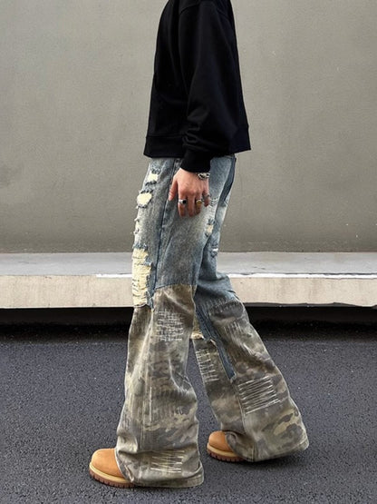 Vintage Camouflage Stitching Ripped Heavy Jeans