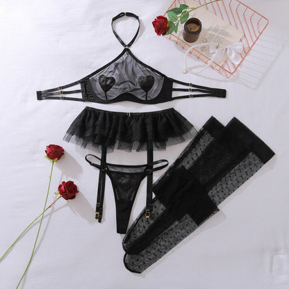 Net fabric see-through neckless lingerie set