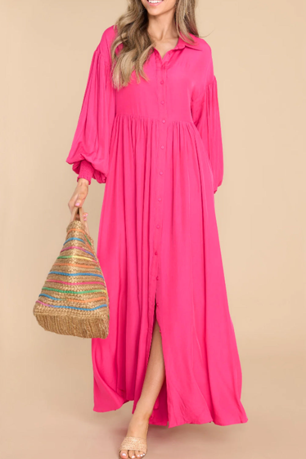 Roze maxi-jurk met ballonmouwen
