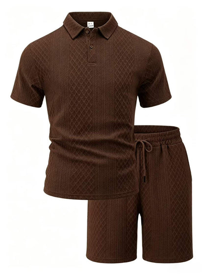 Mens Jacquard Lapel Polo Shirt Shorts Set