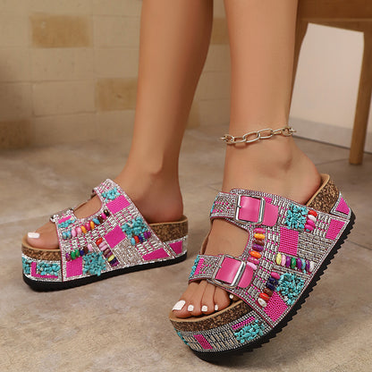 Cork Double-Buckle Rhinestone Sandals