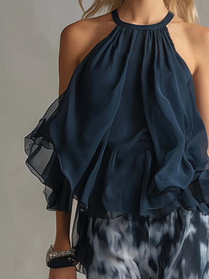 Sleeveless Halter Top and Printed Wide-Leg Pants Set