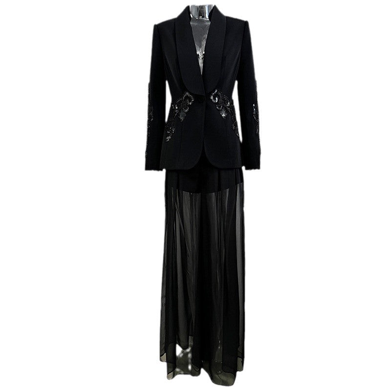 Fashion Mesh Stitching Heavy Industry Beaded Suit Jacket Chiffon Trousers