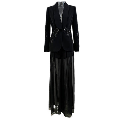 Fashion Mesh Stitching Heavy Industry Beaded Suit Jacket Chiffon Trousers