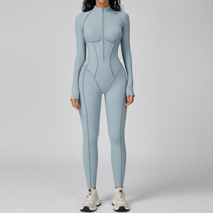 Vertical stripe stand-collar one-piece yoga suit