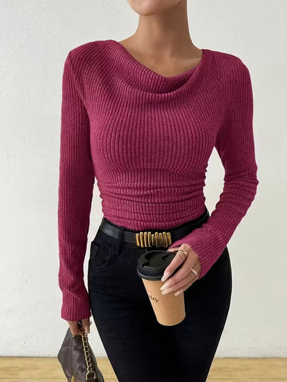 Women's solid-color long-sleeved knitted pullover sweater