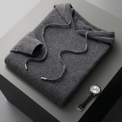 Mens Hooded Cashmere Blend Sweater Solid Color Long Sleeve Knit Pullover