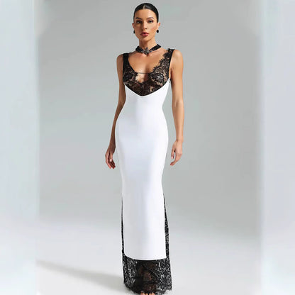 Sleeveless Strap V-Neck Lace Stitching Elegant Dress