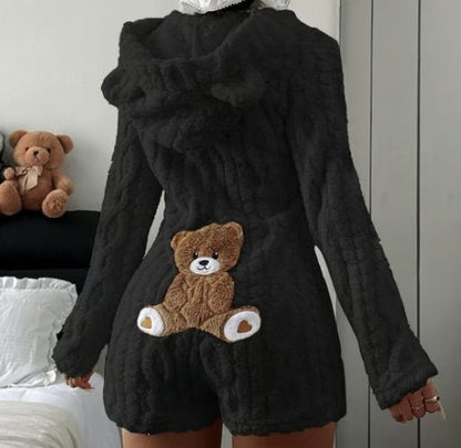 Womens Casual Plush Hooded Jumpsuit