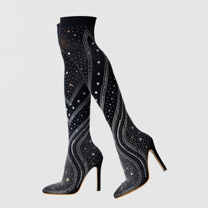 Womens Rhinestone Pointed Toe High Heel Boots