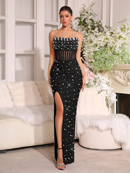 Elegant Strapless Slim Fit Long Dress with Pearl Decoration