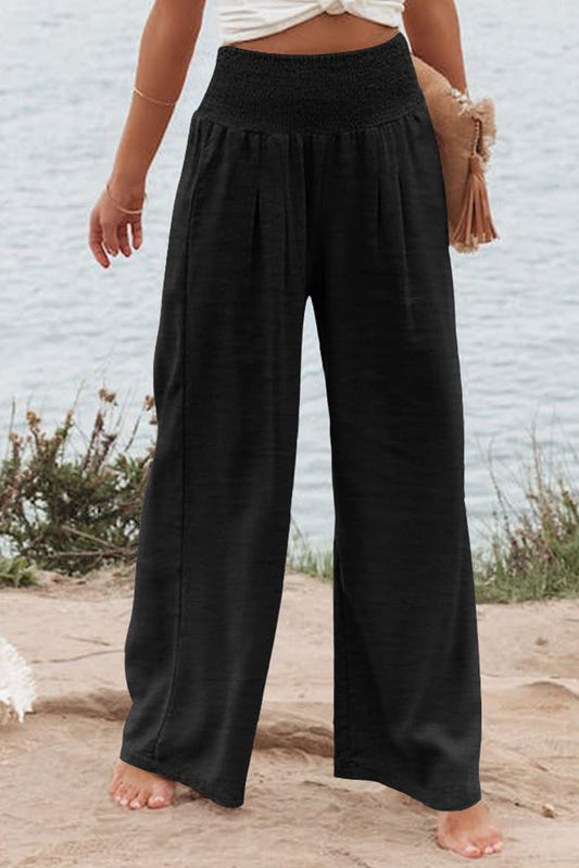 Zwarte geplooide broek met hoge taille en wijde pijpen plus size