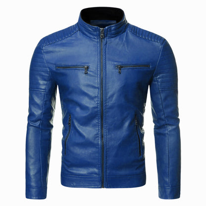 Mens Slim Fit Stand Collar PU Leather Jacket Casual Coat