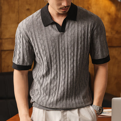 Men's Silk Jacquard Polo Shirt Summer Short Sleeve Knitwear