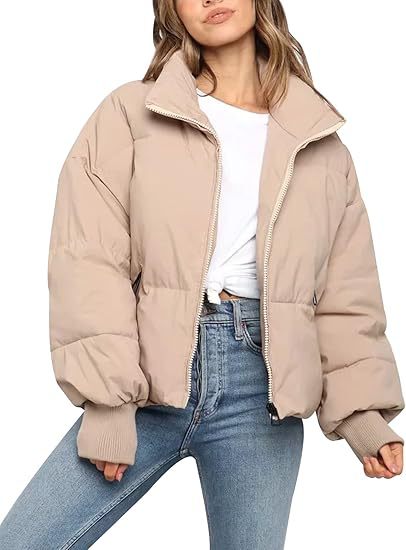 Womens Short Puffer Cotton Jacket Loose Fit Solid Color