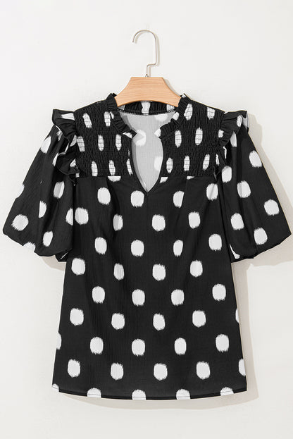 Blouse met stippenprint gesmokte halslijn en korte ballonmouwen