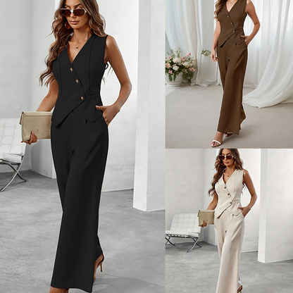Women's V-Neck Sleeveless High-Waisted Button Pants Suit