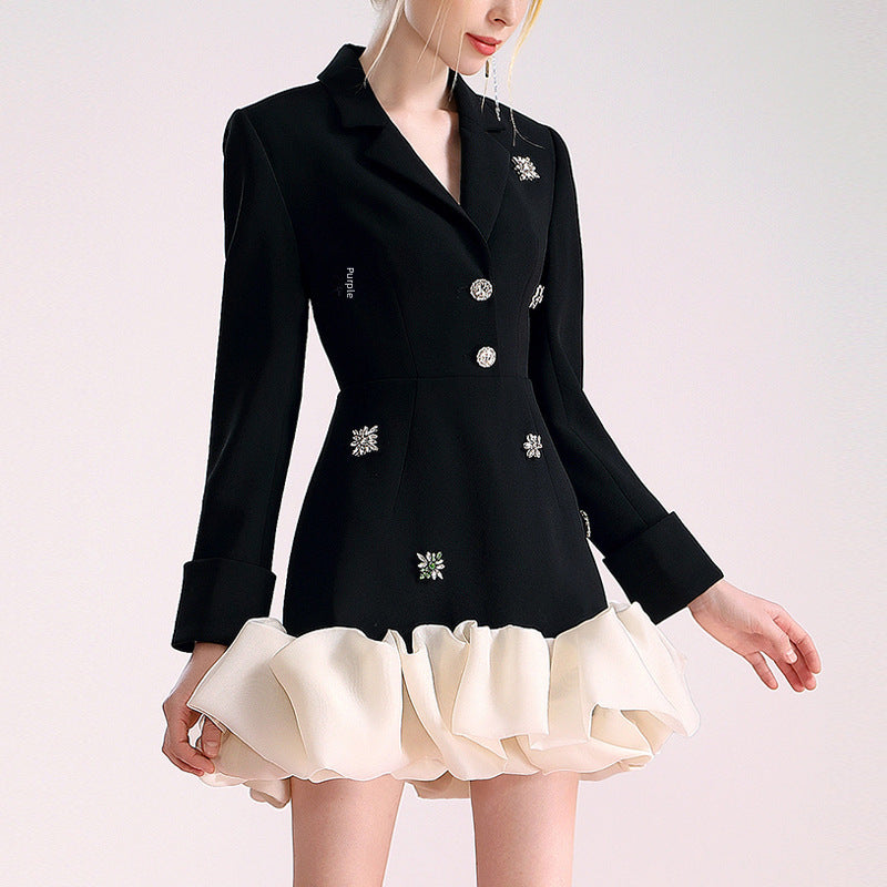 Niche design suit skirt 2023 autumn rhinestone elegant irregular organza stitching dress
