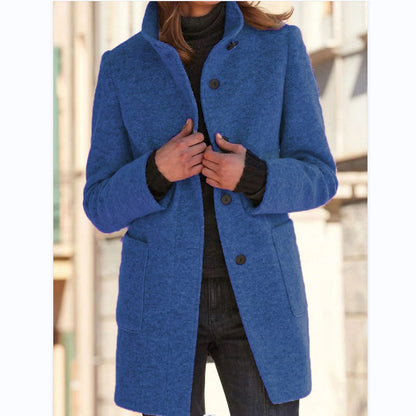 Womens Retro Solid Color Buttoned Stand Collar Coats