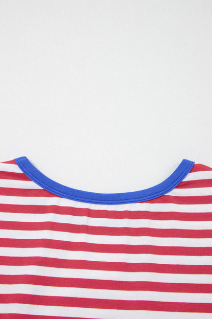 Gestreepte mini-jurk met strik contrasterende bies korte mouwen en ronde hals