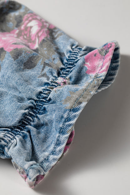 Denim jurk met bloemenprint korte ruchesmouwen zakken en knoopsluiting