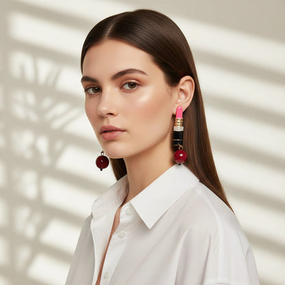 Rhinestone Lipstick-Style Earrings with Beaded Pendant