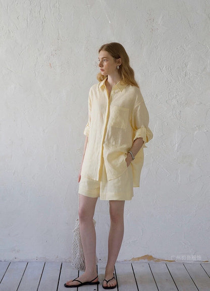 Womens Linen Casual Oversized Shirt Shorts Set