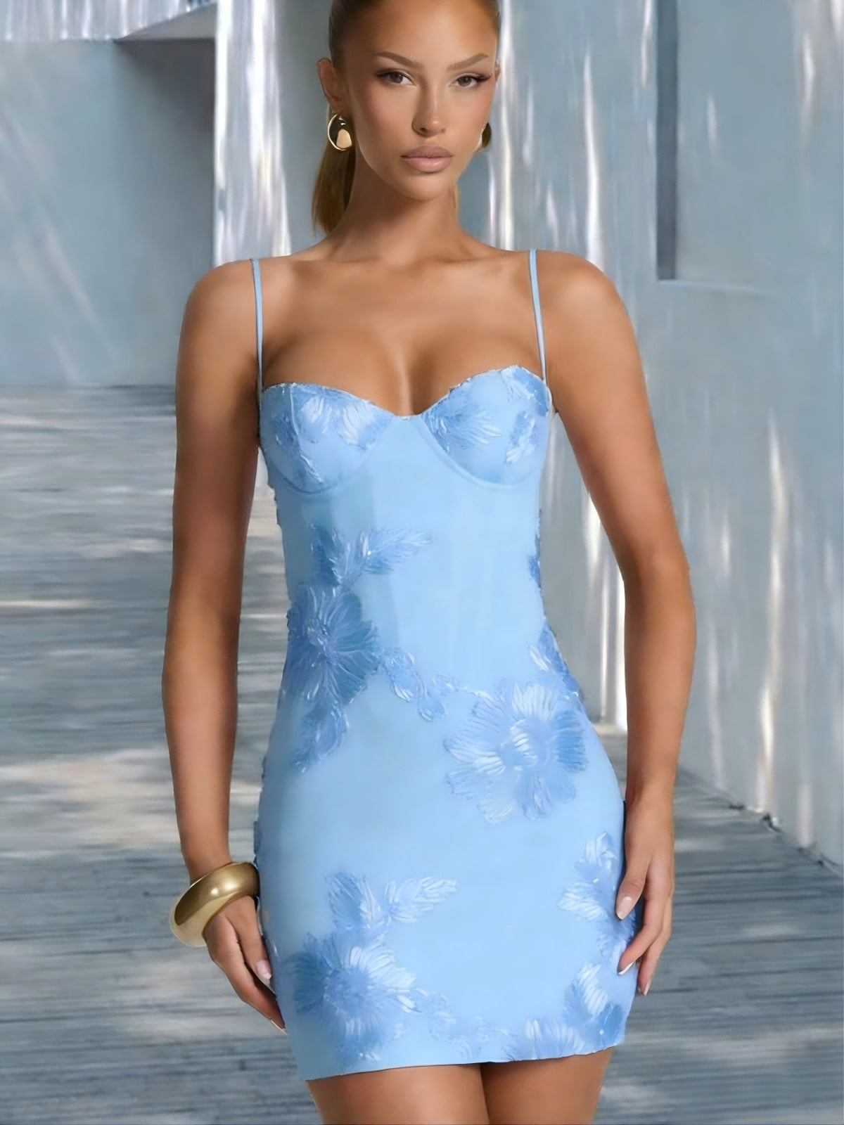 Elegant Floral Embroidery Suspender Dress