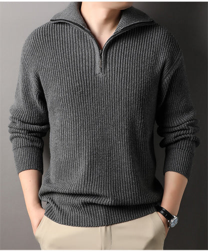 Men's Solid Color Long-Sleeve Turn-Down Collar Knitted Sweater