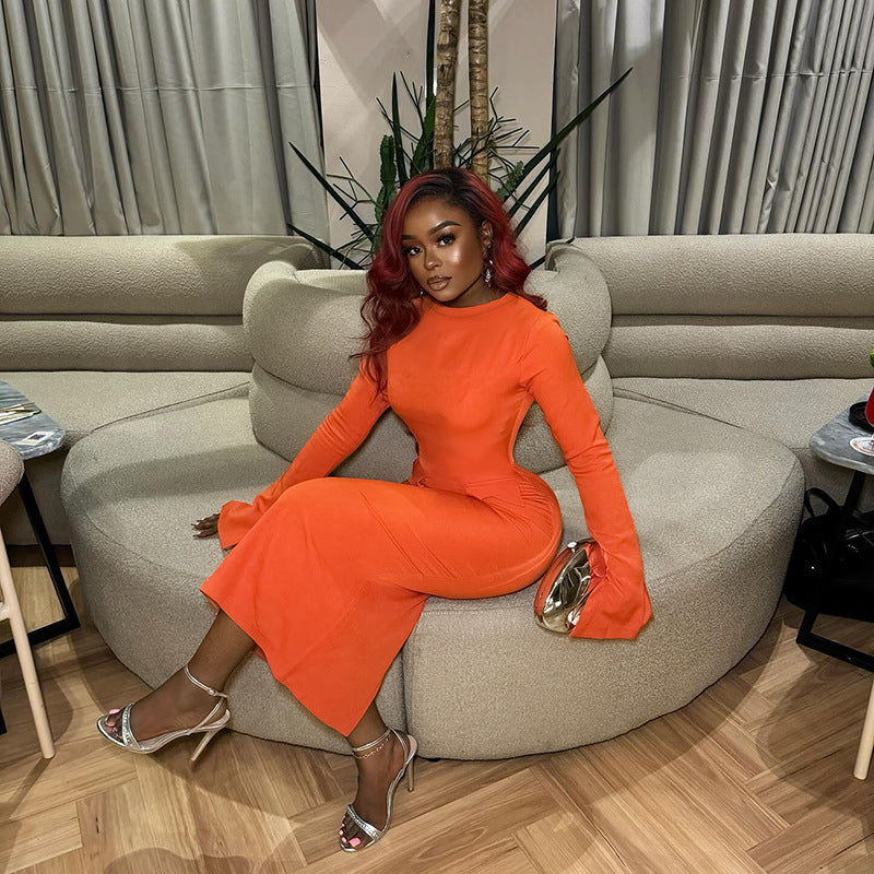 Elegante slanke ronde hals jurk met uitlopende mouwen Amerikaans