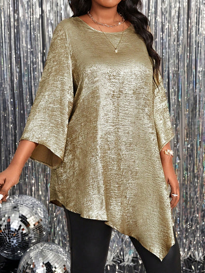 Women Oversized Solid Color Round Neck Asymmetric Top Shirt