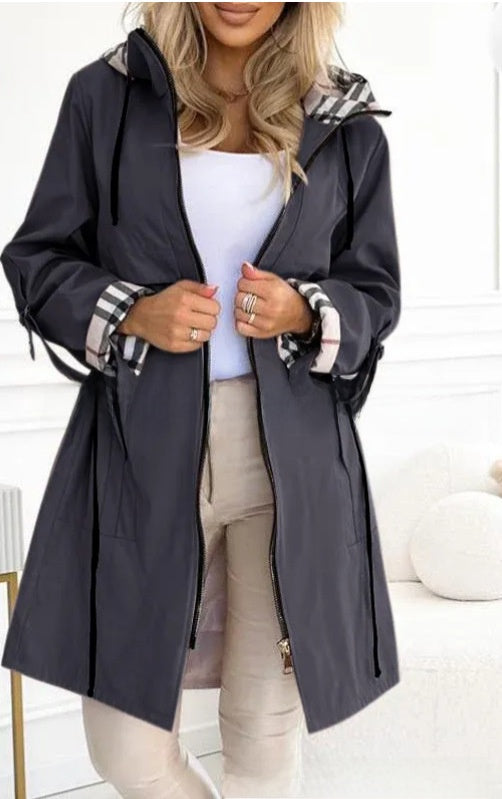 Women's Hooded Plaid Printed Windbreaker Coat