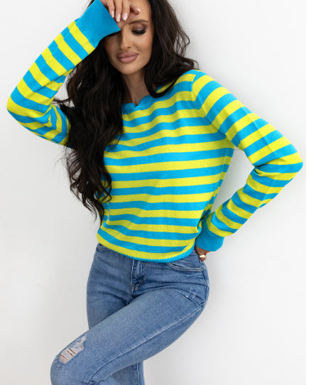 Groene gestreepte losse schouder casual trui