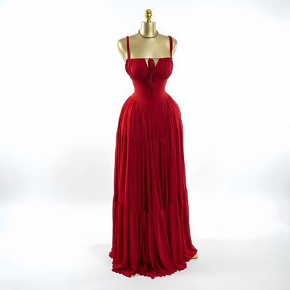 Elegant Pleated High-Waisted Long Dress with Straps