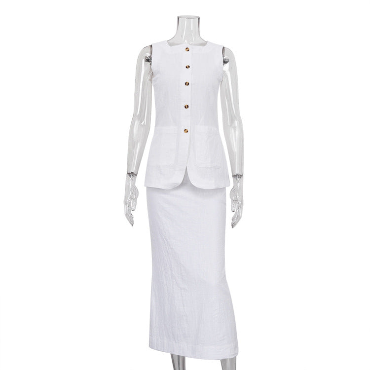Sleeveless Square Neck Vest and High Waist Skirt Set