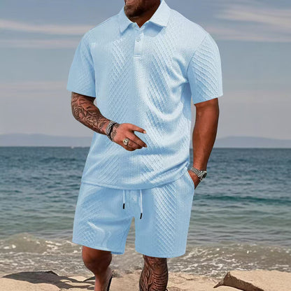 Mens Jacquard Lapel Polo Shirt Shorts Set