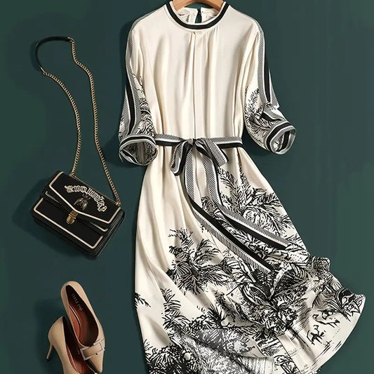 Elegante vintage bloemenjurk A-lijn met tailleband