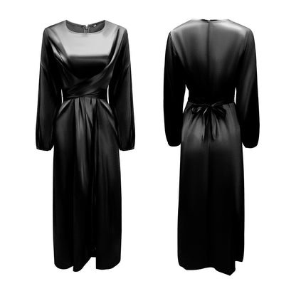 Elegant Satin Tie-Waist Long Dress