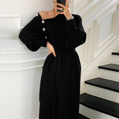 Retro Dress High Collar Knitted Waist-Cinching