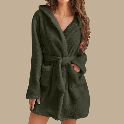 Womens Plush Hooded Bathrobe Warm Homewear
