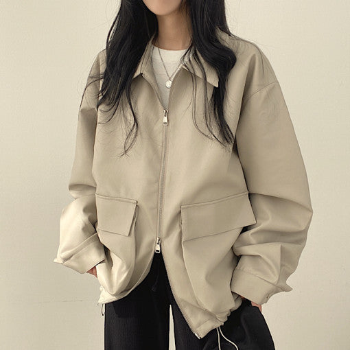 Chic Lapel Double Pocket Leather Jacket