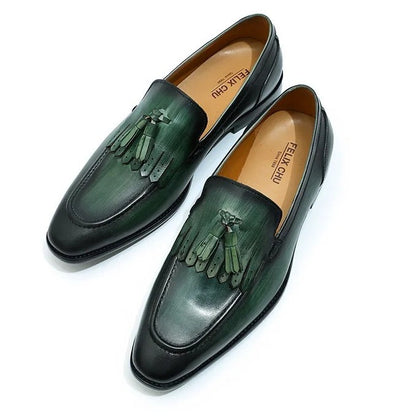 British Style Cowhide Tassel Mens Slip-On Loafers