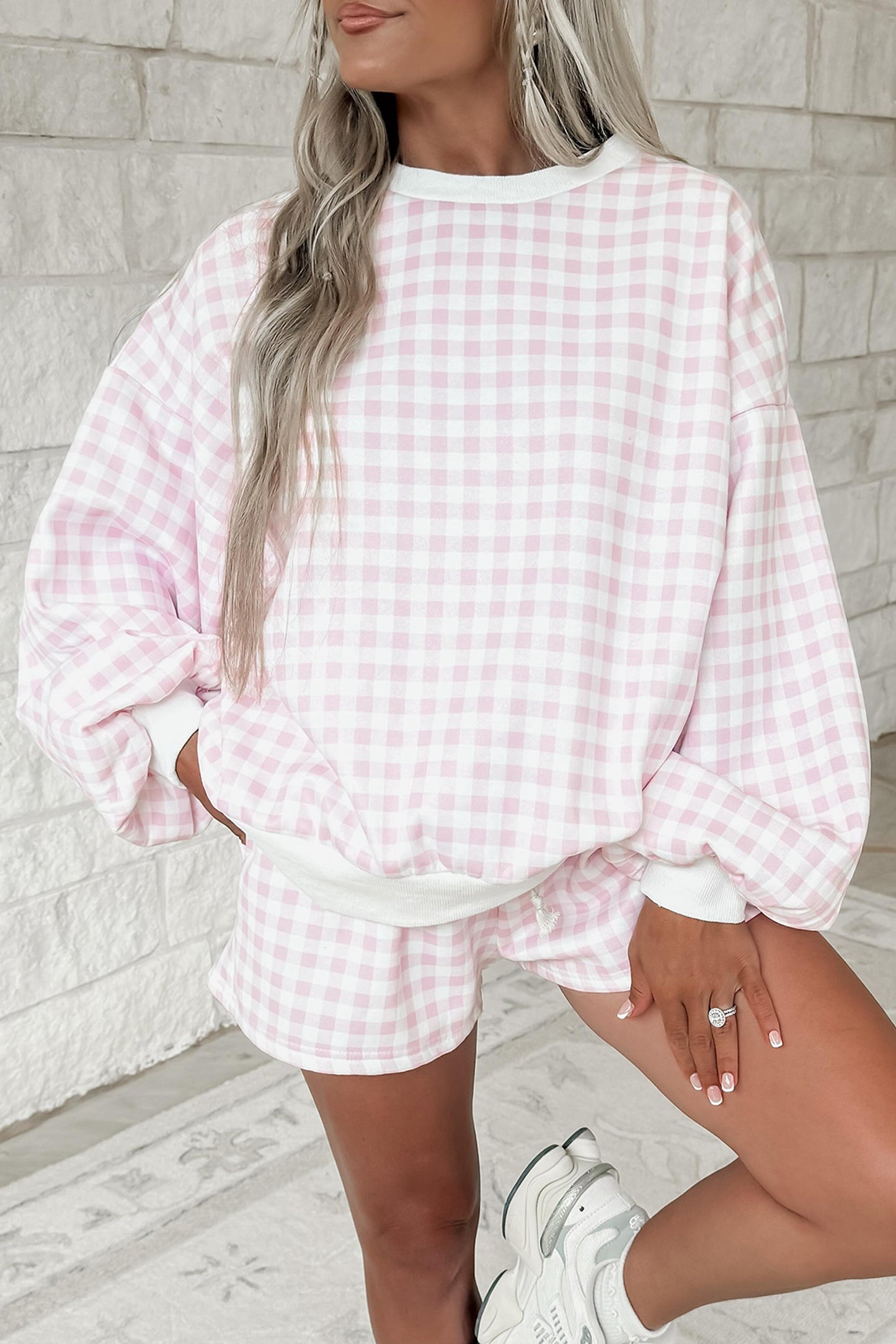 Geruite baggy pullover met trekkoord en casual shorts 2-delige set