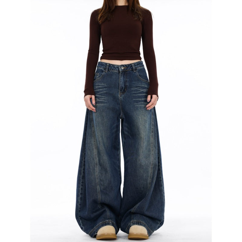 Women's Distressed Relaxed Fit Wide-Leg Denim Jeans