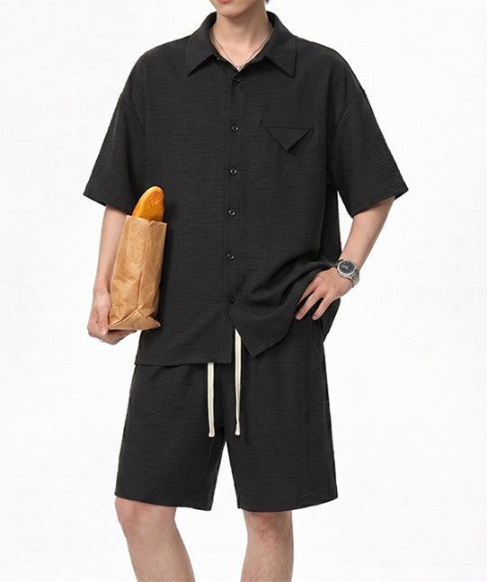 Imitation Linen Casual Suit for Men Summer Thin Drapey Short-Sleeve Shirt and Shorts Two-Piece Set