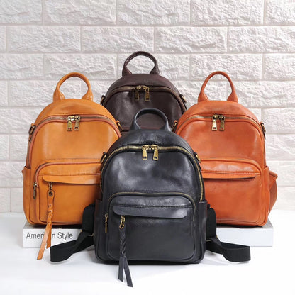 Genuine Leather Backpack Women First Layer Cowhide Retro Solid Color Student Schoolbag