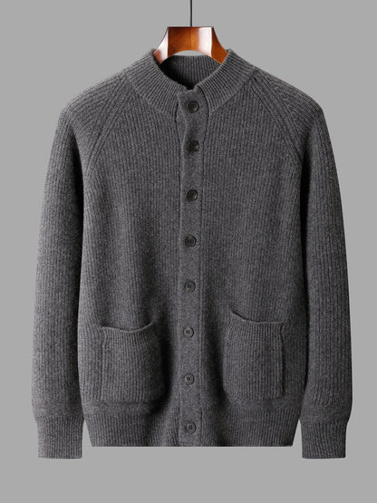 Men's Pure Cashmere V-Neck Cardigan Sweater Solid Color Long Sleeve Buttoned Knitwear