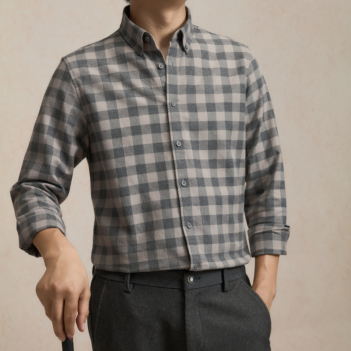Pure Cotton Brushed Plaid Shirt for Men
