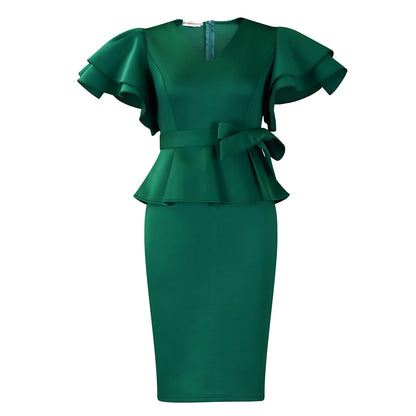 Elegant dress with lotus-leaf trim and solid color